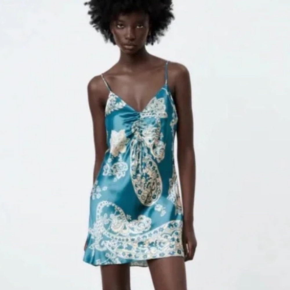 ZARA Turquoise Paisley‎ Ruched Camisole Slip Dress Mini